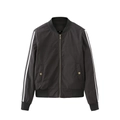 Chaqueta bomber negra para mujer con rayas blancas y cuello acanalado estilo deportivo - S / Negro