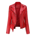 Close-up of bright red faux leather jacket featuring silver rivets and metal zipper details - S / Red