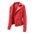 Detail of red PU leather motorcycle jacket featuring lace-up grommets and diagonal zipper - S / Red
