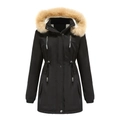 Detail of winter parka featuring plush faux fur collar and warm white fleece lining - S / Tops / Black