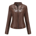 Veste de motard femme en similicuir marron coupe ajustée avec col montant et surpiqûres - S / Café