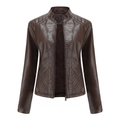 Detail of dark brown faux leather jacket featuring diamond-quilted stitching on shoulders - S / Tops / Coffee