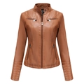 Veste de motard slim en similicuir marron caramel avec col montant et fermetures éclair - S / Chameau