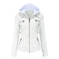 Women's white faux leather moto jacket with a removable hood and four zipper pockets - White