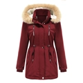 Detail of wine red winter parka featuring detachable faux fur hood and waist drawstring - S / Tops / Burgundy