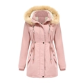 Detail of pink winter parka with faux fur hood, waist drawstring and ribbed cuffs - 4XL / Tops / Pink