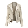 Women's beige faux leather biker jacket with silver studs and diagonal zipper closure - S / White