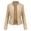 Chaqueta motera de cuero sintético para mujer en color beige con cuello alto y cremallera - S / Albaricoque