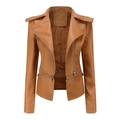 Detail shot of a slim-fit brown biker jacket featuring classic lapels and zipper pockets - Camel