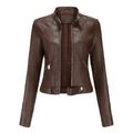Slim fit dark brown faux leather motorcycle jacket with stand collar and silver zippers - S / Coffee