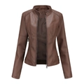 Veste moto femme en similicuir marron foncé avec détails matelassés et coupe ajustée - Café