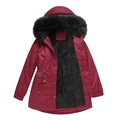 Detail view of deep red parka with black faux fur lining and drawstring waist - S / Burgundy