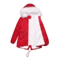 Red long parka for women with thick white faux fur lining and drawstring waist - S / Wine Red