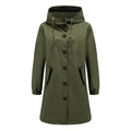 Detail of army green long hooded windbreaker showing buttons and large pockets - Army Green