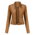 Slim fit brown faux leather biker jacket for women with stand collar and zipper pockets - S / Camel