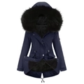 Parka femme bleu foncé avec col en fausse fourrure noire et doublure polaire - S / Bleu Marine