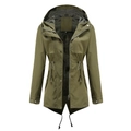 Army green women's hooded raincoat with adjustable waist drawstring and zipper closure - Army Green
