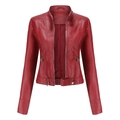 Women's slim fit faux leather jacket in dark red featuring a stand collar and metal zippers - 3XL / Burgundy