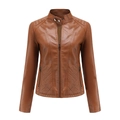 Damen Slim-Fit braune Kunstlederjacke mit Stehkragen und gesteppter Diamant-Texturierung - XS / Camel