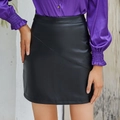 High-waisted black PU leather mini skirt featuring asymmetric diagonal stitching - S / Black