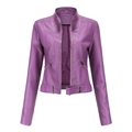 Women's purple PU leather biker jacket with stand collar and belted waist detail - Violet