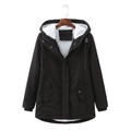 Women black hooded parka jacket with warm white fleece lining and drawstring waist - S / Black