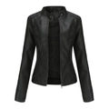 Women's black slim fit faux leather biker jacket with stand collar and quilted details - S / Black