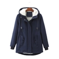 Women's dark blue winter parka with warm white faux lamb wool lining and hooded design - S / Dark Blue