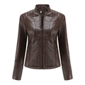 Dunkelbraune Damen-Bikerjacke aus Kunstleder mit Stehkragen und Steppungen am Ärmel - XS / Kaffeebraun