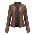 Women's brown faux leather jacket with slim fit design and quilted shoulder details - S / Coffee