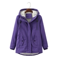 Close-up of women's purple parka featuring soft white sherpa lining and windproof fabric - S / Purple
