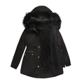 Women's black hooded parka jacket with plush lining, fur collar and gold metal buttons - S / Black