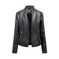 Women's slim fit black faux leather motorcycle jacket with stand collar and zipper - Black