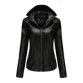 Women's black hooded PU leather jacket with zipper pockets and ribbed detailing - Black