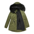 Army green hooded parka with plush black faux fur lining and drawstring waist - S / Army Green