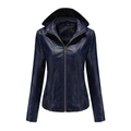 Detail of navy blue faux leather jacket featuring smooth metal zippers and hood - S / Dark Blue