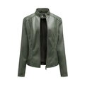 Vue détaillée du blouson moto ajusté en similicuir vert foncé avec fermetures éclair métal - S / Vert Armée