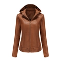 Detail der braunen Damen-PU-Lederjacke mit fleecegefütterter Kapuze und Metallreißverschluss - XL / Dunkelbraun