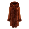 Detail of caramel parka coat with luxury detachable faux fur trim hood and cuffs - L / Orange