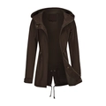 Detail of drawstring hood and metal zipper closure on long dark brown cotton parka coat - Coffee