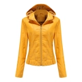 Detail of ginger yellow faux leather jacket with soft fleece hood lining and metal zipper - S / Lemon Yellow