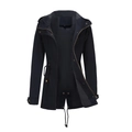 Detailed view of women's navy cotton hooded parka featuring bronze snaps and adjustable waist cord - Navy Blue
