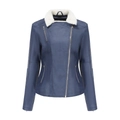 Detail der blauen Kunstlederjacke mit weißem Plüschkragen und diagonalem Reißverschluss - XS / Königsblau