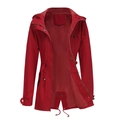 Detail van rode katoenen trenchcoat met capuchon, ritssluiting en trekkoord - Bordeauxrood / S