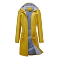Detail of yellow waterproof trench coat featuring blue striped lining and drawstrings - S / Yellow