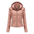 Detail of pink faux leather jacket with detachable hood and silver metal zipper details - S / Pink