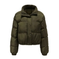 Detail view of olive green puffer jacket collar with zipper and size S label - Army Green