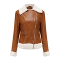 Detalle de chaqueta de cuero sintético marrón con cuello de piel sintética blanca y cremallera - XS / Camel