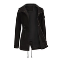 Detail of black cotton hooded parka featuring adjustable drawstring waist and button closure - Black