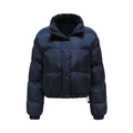 Detail of navy blue quilted puffer jacket showing high stand collar and size S label - Dark Blue